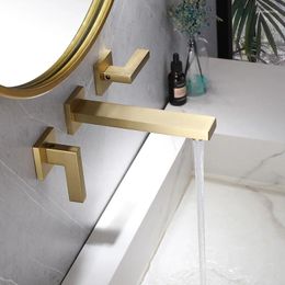 Bathroom Sink Faucets Square Wall Mounted Faucet Brushed Gold Double Handles Basin With High-quality Brass Material