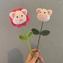 Decorative Flowers Creative Handcraft Knitted Bouquet Artificial Flower Pig Pet Shape Cotton Yarn Crochet DIY Valentine's Day Gifts