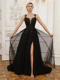 Party Dresses Shiyicey Lace Elegant Black Tulle Wedding A-Line Backless Long Side Split Gowns Applique Handmade Flower
