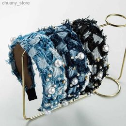 Headbands AISHG Wide-brimmed Denim Fabric Hair Band for Women Creative Pearl Knotted Headband Fixed Hoop Hairband Girls Hair Accessories Y240417