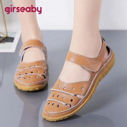 Sandals Girseaby Fashion Women Split Leather Hollow Out Summer Ladies Breathable Soft Hook&Loop Casual Shoes Large Size 46