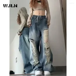 Women's Jeans 2024 Spring Vintage Harajuku Y2K Loose Hollow Out Blue Pants Wide Leg Baggy Trashy Style Ripped Denim Trouser