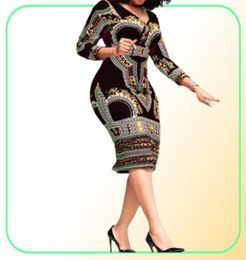 Casual Dresses African Ladies Elegant Wrist High Waist V Neck Vintage For Work Office Business Fashion Slim Vestidos Dress Midi 205184035