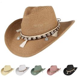 Summer Straw Hat Tassels Beach Shell Lady Sun Caps Cowboy Hat Straw Hats UV Protection Sun Hat Adjustable Lightweight Hat 240415