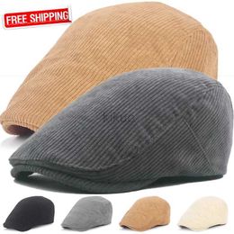 Berets Autumn Corduroy Beret Hat for Men Sun Hats Solid Color Berets Vintage Newsboy Caps Flat Ivy Casquette Adjustable Cabbie Hat d240417