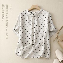 Women's Blouses Linen Polka Dot Short-sleeved Shirt Female Summer Japanese Literary Age Reduction Loose Set Head Fashion Temperament Casual