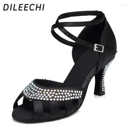 Dance Shoes DILEECHI Flesh Black Satin Rhinestones Female Latin Ballroom Dancing Sneakers For Womens 7.5cm Heel