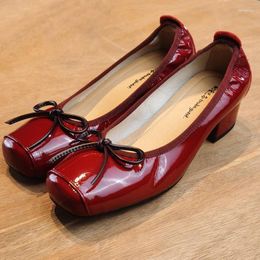 Dress Shoes Ballerina Flats For Women Genuine Leather Red Square Toe 3CM Low Heel French Elegance Pumps Handmade Cosy Bow Decoration