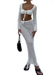 Women S Summer 2PCS Outfit Sets Hollow Out Long Sleeve Tie Up Crop Tops Bodycon Maxi Dress 2 Piece Skirt Set Y2K Streetwear