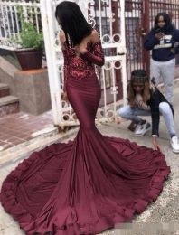 2024 Modest Burgundy Mermaid Prom Dresses Sequins Appliqued Long Sleeves Sheer Neck Sweep Train Custom Made African Formal Evening Gowns
