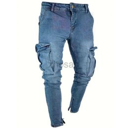 Men's Jeans Street Elastic Men Denim Cargo Pants Solid Colour Multi Pockets Bottom zipper Casual Trousers Slim Fit Daily Wear Joggers d240417