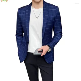 Men's Suits Blue Striped Plaid Blazer Jacket Wedding Party Dress Coat Black Fashion Slim Yellow Blazers Single Button V-Neck Top M-5XL