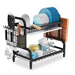 Dish Drying Rack 2-Tier Compact Kitchen Dish Rack Drainboard Set Large Rust-Proof Dish Drainer with Utensil Holder 240417
