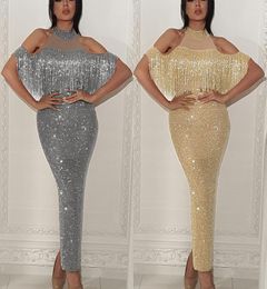 Full Sequined Reflective Mermaid Blue Prom Dresses Beads Sheer Neck Long Sleeves Evening Gowns With Tassels Sweep Train Formal Par8011368