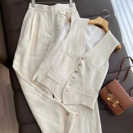 Women's Two Piece Pants Cotton And Linen Outfit Fashionable Classic Temperament Two-piece Suit Vest Wide Leg Casual Sets Spring Summer