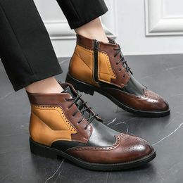 Moda masculina de couro mista de couro jovem tornozelo no meio da bezerro vestido masculino Martin trabalha botas de topo alto