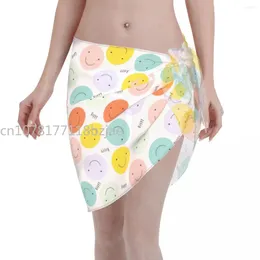 Sexy Women Chiffon Swimwear Pareo Smiling Pattern Cover Up Wrap Sarong Skirt See Through Beach Dress Swimsuits Bikinis Ups