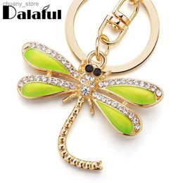 Keychains Lanyards Dalaful Dragonfly Keyrings KeyChains For Car Crystal Bag Pendant For Women Green Enamel Insect Key Chains Rings Holder K268 Y240417