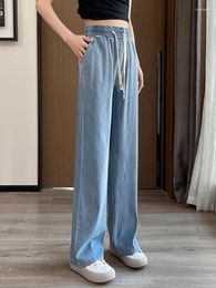 Women's Jeans Summer Thin Women Drawstring Elastic Waist Blue Denim Pants Loose Leisure High Wide Leg Trousers Female