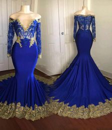 Stunning Long Sleeve Gold Applique Mermaid Evening Dresses Chiffon Illusion Arabic Pageant Party Prom Dresses Gowns Formal Robe De3676390