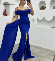 Party Dresses Elegant Royal Blue Prom Dress With Train Spaghetti Straps Satin Formal Evening Gowns Beaded Slit Dance Birthday 2024