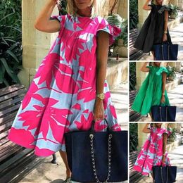 Casual Dresses Women Summer Dress Round Neck Flying Sleeves A-line Big Swing Loose Patchwork Pleated Soft Vacation Beach Knee Length Midi