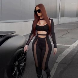 Women's Jumpsuits Solid Color Hollow Out Mesh Jumpsuit Hollow-out Stitching Long Sleeve