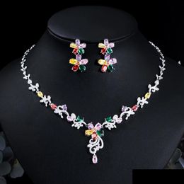 Pendant Necklaces Cwwzircons Elegant Mti Color Cubic Zircon Flower Wedding Necklace Earrings Women Evening Party Jewelry Sets Access Dhkx1