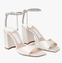 2024 Top Brand Women Lady Bridal Saeda Sandals Shoes Crystal Chain Square Toe High Heels Women Party Wedding Dress Gladiator Sandalias EU35-43 ,Original Box