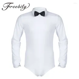 Stage Wear FREEBILY Professional Men Dance Shirt White Long Sleeve Zipper Latin Modern With Bowtie 1pc Romper