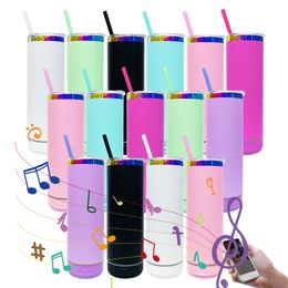 Rainbow plated USB Charging 20oz speaker music tumbler with colord straw double wall stainless steel vacuum insulated travel cups in stock 25pcs/case