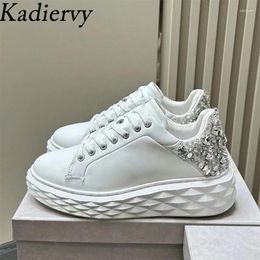 Casual Shoes 2024 Sneakers Women RhinestoneGenuine Leather White Round Toe Lace Up Outdoor Running Flat Sports Woman