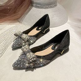 Women's Summer Footwear Pearl Square Heels Shoes for Woman 2024 Pointed Toe Diamond Low Heel Elegant with Crystals Rhinestone E