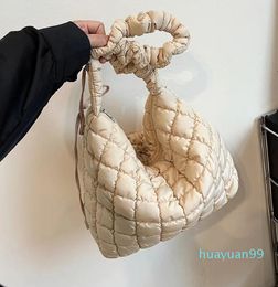 Drawstring Designer Cotton Plaid Quilted Women's Shoulder Bag Casual Padding Soft Down Crossbody Bucket Handbag