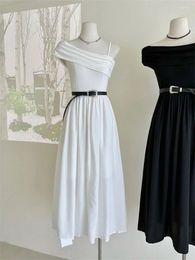 Casual Dresses Women Dress Summer Solid Simple Off Shoulder Elegant Midi White Black Holiday Beach Vestidos