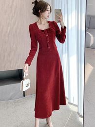 Casual Dresses Women Autumn Winter Corduroy Thick Warm Dress Suits 2024 Red Long Sleeve Bow Top Coats Half Length Skirt Two Piece