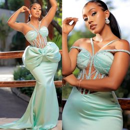 2024 Prom Dresses for Black Women Evening Dresses Elegant Illusion Mermaid Bow Decorated Beaded Birthday Party Gowns Secpnd Reception Gown Engagement Dress AM723