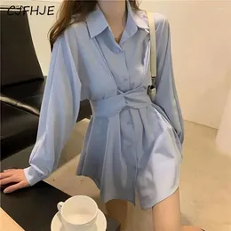 Casual Dresses CJFHJE Women's Korean Sexy Lace Up Asymmetrical Design Shirt Dress Female Elegant Solid Long Sleeve Slim Mini