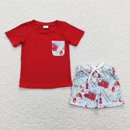 Clothing Sets Embroidery Fire Fighting Truck Outfits Baby Boys Short Sleeves T-shirt And Children Kids Boutique Wholesale