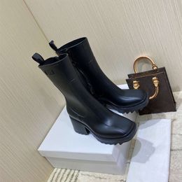 Autumn Winter Black Mid Length Ultra Light Adult Thick Heel Womens Rubber Shoes Waterproof Rain Martin Boots