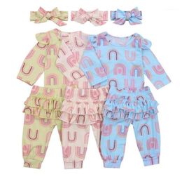 Cathery 3pcs Clothes Set Baby Girl Romper Pants Suit Long Sleeve Shirt Ruffle Hem Skirt Rainbow Printed Loose Trousers Headband12616936