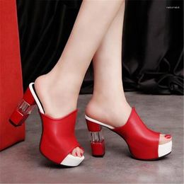 Dress Shoes Ladies Leather Sole Slippers Women Sexy High Thick Heel 12cm Mules Black Red White Peep Toe Platform PU Sandals Breathable