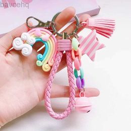 Keychains Lanyards New Lovely Cute Rainbow Key Chain Leather Strap Braided Rope Tassel Keychain for Women Girl Bell Star Lollipop Bag Accessories d240417