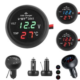 New 3 in 1 DC 12V/24V Meter USB Charger Voltmeter Thermometer Car Battery Monitor LED Digital Dual Display