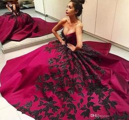 Modest Black Applique Fushia Prom Dresses 2019 Long Arabic Ball Gown Sweet 16 Years Plus size Formal Sleeveless Evening Gowns2460817