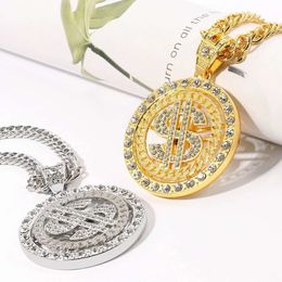 designer necklace Fashion 360 degree rotating dollar Pendant with diamond gold coin rotating Cuban Pendant Necklace Jewellery