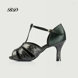 Dance Shoes Profession Ballroom Women Latin Girl Sandals BD 236 Authentic Black Silver Sequins Anti-slip Insoles