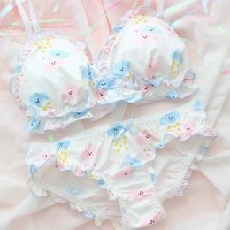 Bras Sets Cute Japanese Bra & Panties Set Wirefree Soft Underwear Sleep Intimates Kawaii Lolita Colour White And Panty