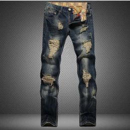 776L Men's Jeans New Men Ripped Denim Trousers Fashion Casual Regular Fit Straight Pants Vintage Dark Blue Color Male Plus Size d240417