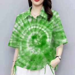 Women's Blouses Comfortable Summer Blouse Women Shirt Stylish Tie Dye Print With Drawstring Design Casual Lapel Short For